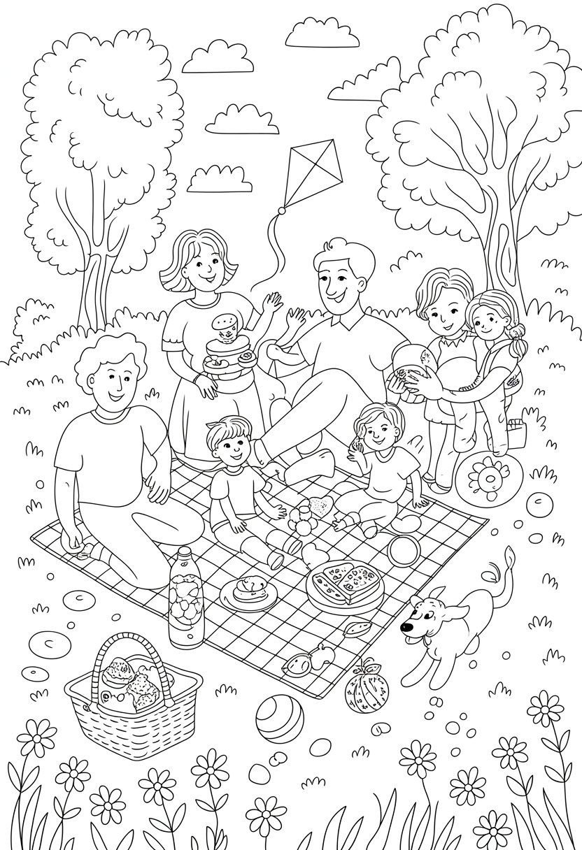 I Love My Family Coloring Pages List of 13 Fun and Educational Designs 21 A family enjoying a picnic outdoors with parents, children, and a grandparent surrounded by trees, flowers, a picnic basket, a dog, and a kite in the sky.